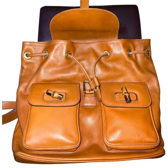 Gucci Vintage Brown Leather and Bamboo Backpack Bag With Dust bag main image 16